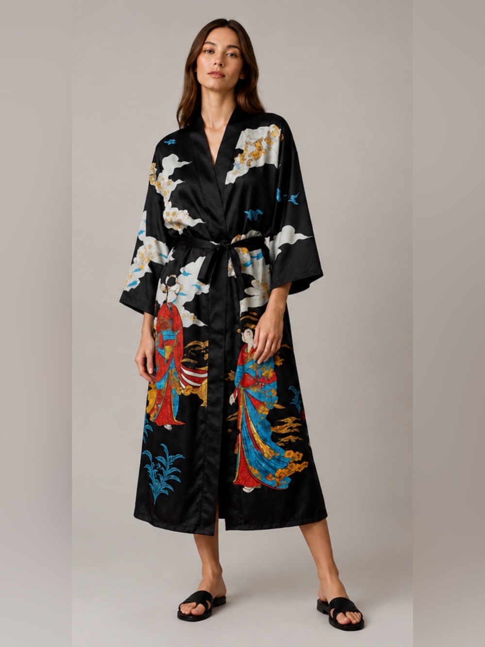 Vintage women
Japanese Geisha Print Satin Kimono Robe XL Black Multicolor Duster